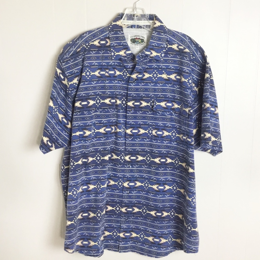Cumberland Outfitters Button Down Tribal Blue Shirt Size L Mens